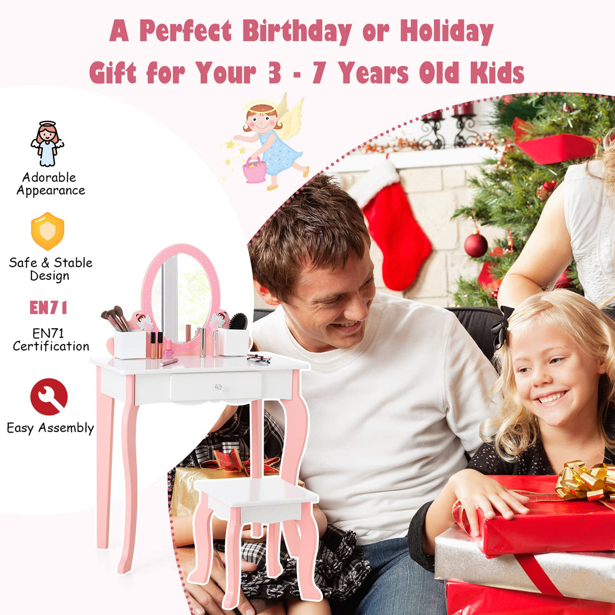 HONEY JOY Kids Vanity Table & Stool Set, 2-in-1 Children Makeup Dressing Table w/Mirror, Chair, Drawer, Pen Holders & Detachable Top
