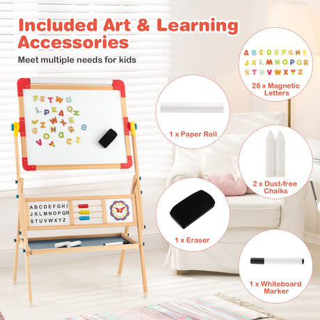 BABY JOY Kids Art Easel, 3 in 1 Wooden Art Easel for Toddlers w/Whiteboard, Chalkboard, Paper Roll