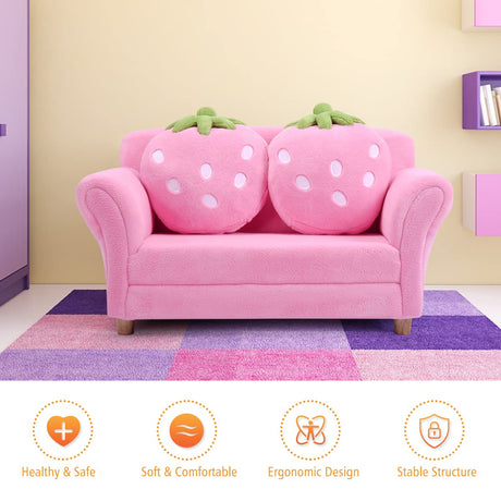 BABY JOY Toddler Couch with 2 Strawberry Pillows, Children Upholstered Loveseat Lounge Bed