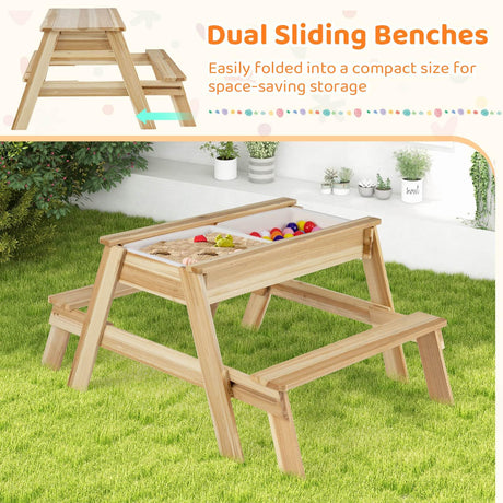 Wooden play table with dual sliding benches on grass, with text about space-saving storage.