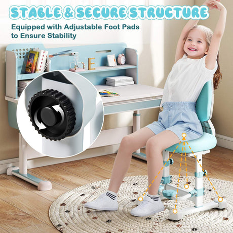 Child sitting on a adjustable chair in front of a desk with text about stable and secure structure.