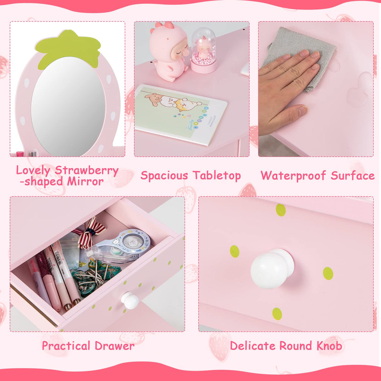 HONEY JOY 2-in-1 Kids Vanity Set, Wooden Kids Dressing Table with Stool, Strawberry-Shaped Mirror & Practical Drawer
