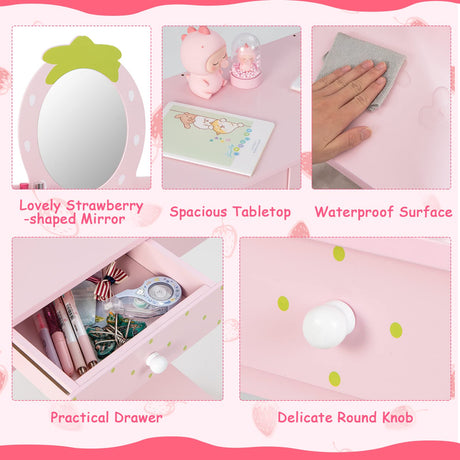 HONEY JOY 2-in-1 Kids Vanity Set, Wooden Kids Dressing Table with Stool, Strawberry-Shaped Mirror & Practical Drawer