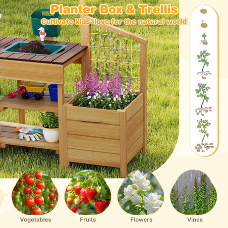 Wooden planter box with trellis and gardening tools on a grassy background