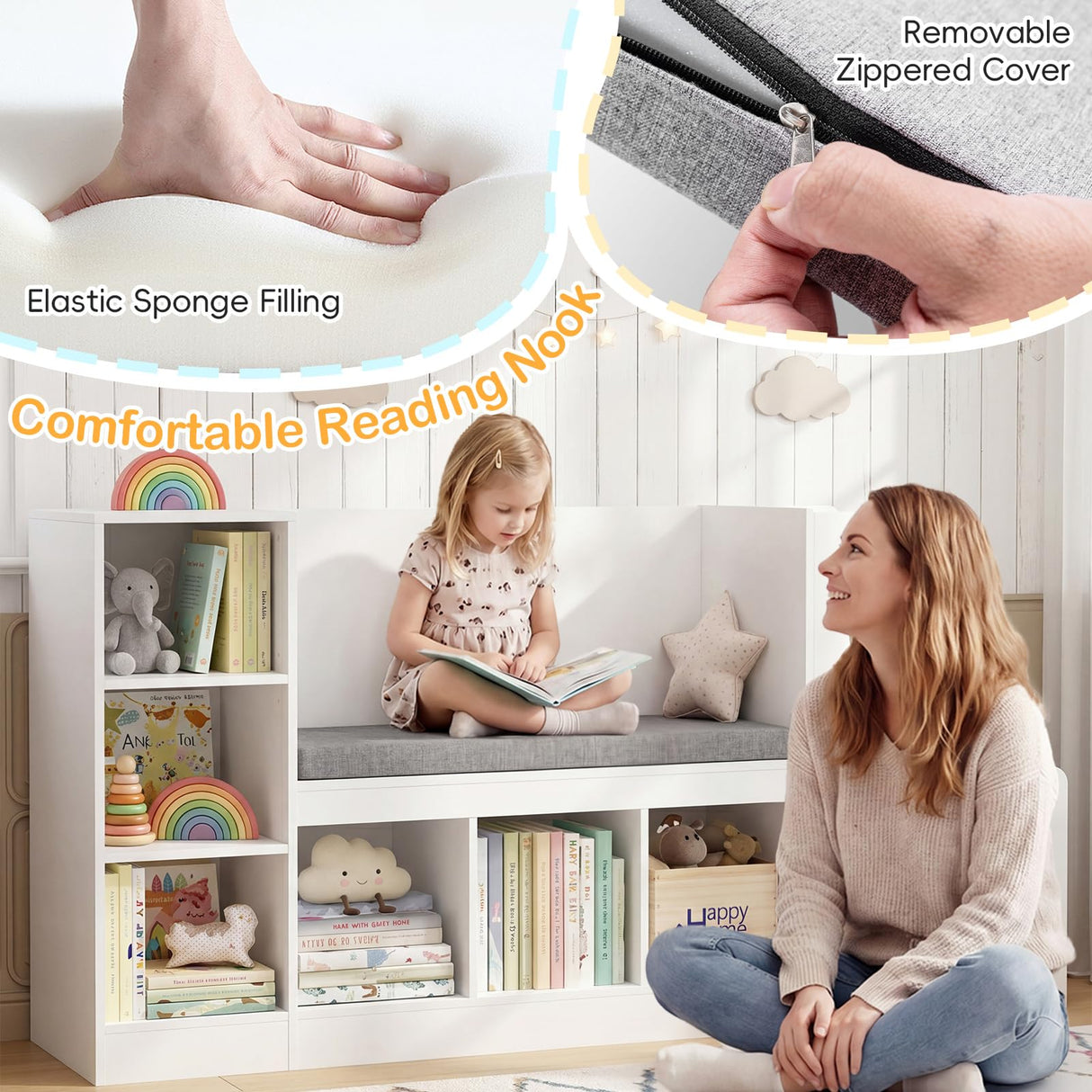 HONEY JOY Car-Shaped Kids Bookshelf with Reading Nook, Kids Bookcase