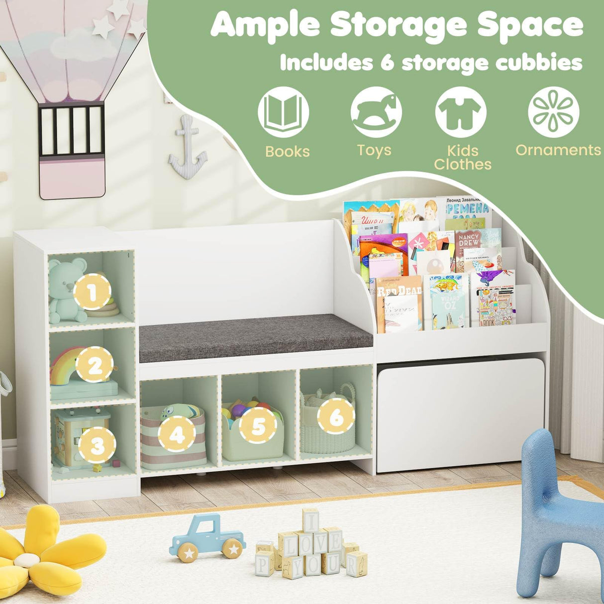 HONEY JOY Kids Bookcase Reading Nook, 4-in-1 Standing Toy Organiser