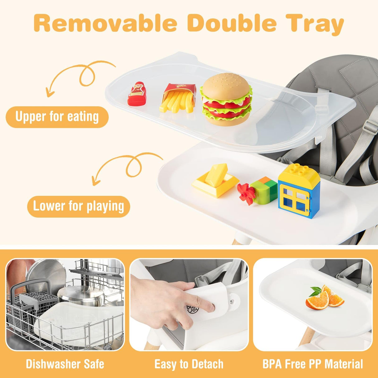 BABY JOY Baby High Chair 6-in-1 Convertible Wooden High Chair with Double Dishwasher Safe Trays