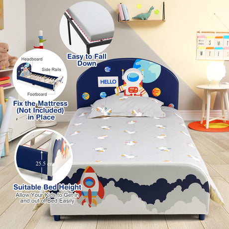 HONEY JOY Single Bed Frames for Kids, Wood Upholstered Twin Bed Platform with Slat Support