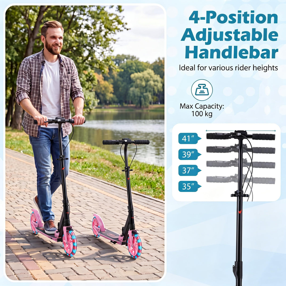 Kick Scooter with 4-Level Adjustable Handlebar, Hand Brake, Anti-Shock Suspension