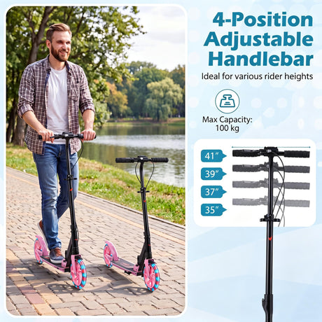 Kick Scooter with 4-Level Adjustable Handlebar, Hand Brake, Anti-Shock Suspension