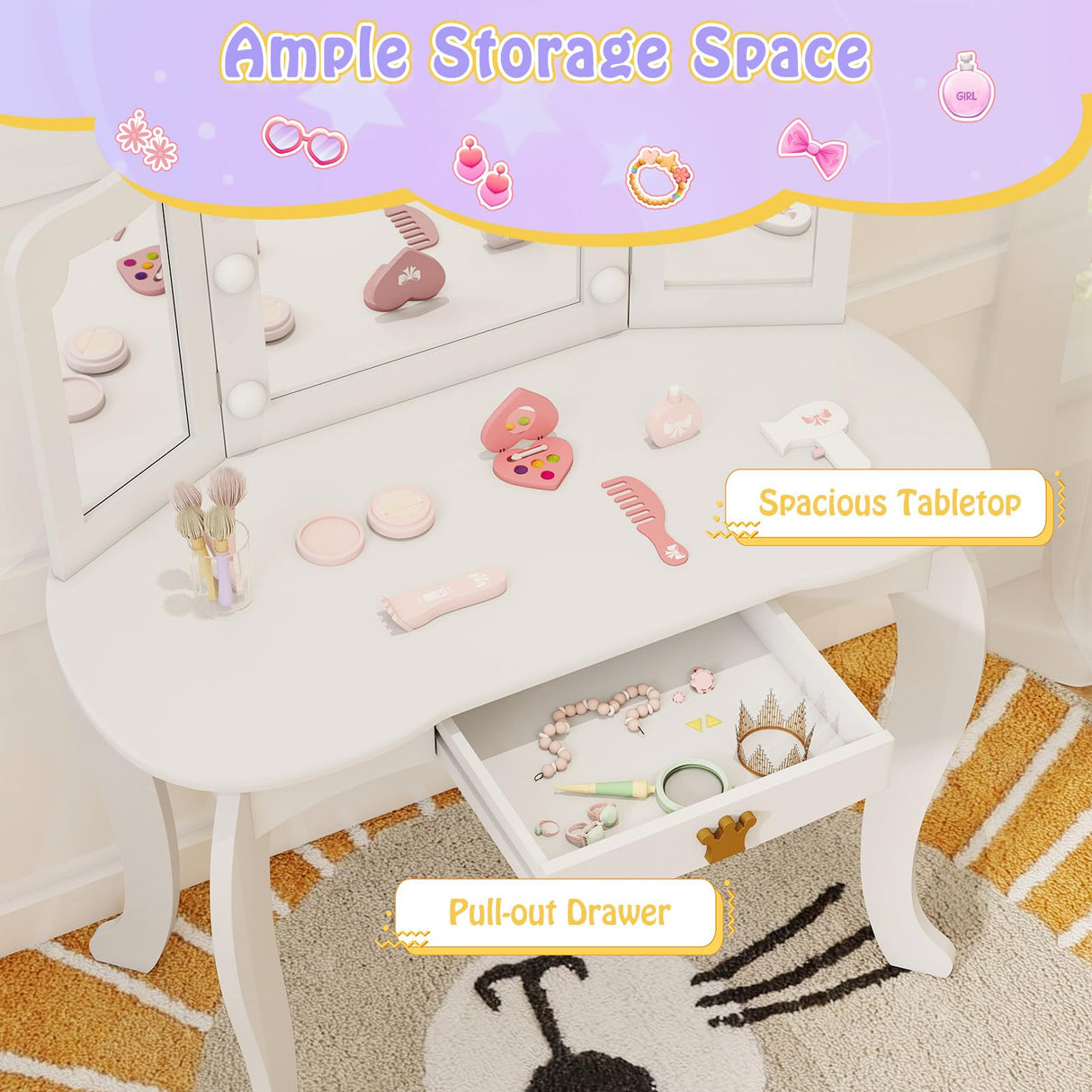 HONEY JOY Kids Vanity Set with 3-Color Adjustable Lighted Mirror