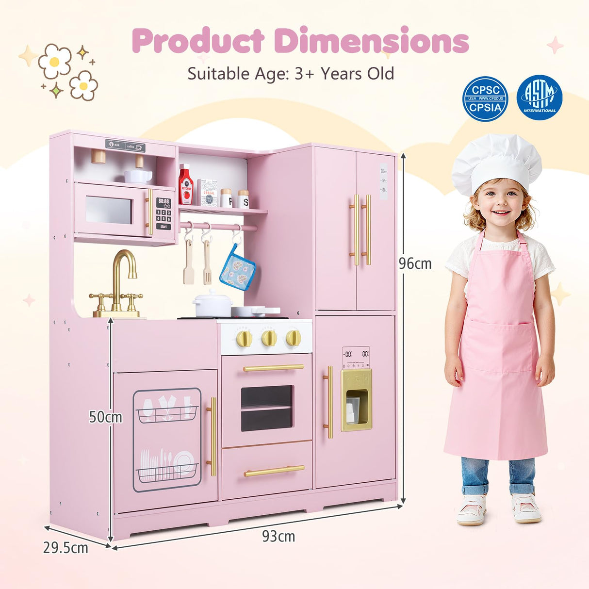 Wooden Play Kitchen with Lights & Sounds and Sink Stove Oven for Kids Ages 3+