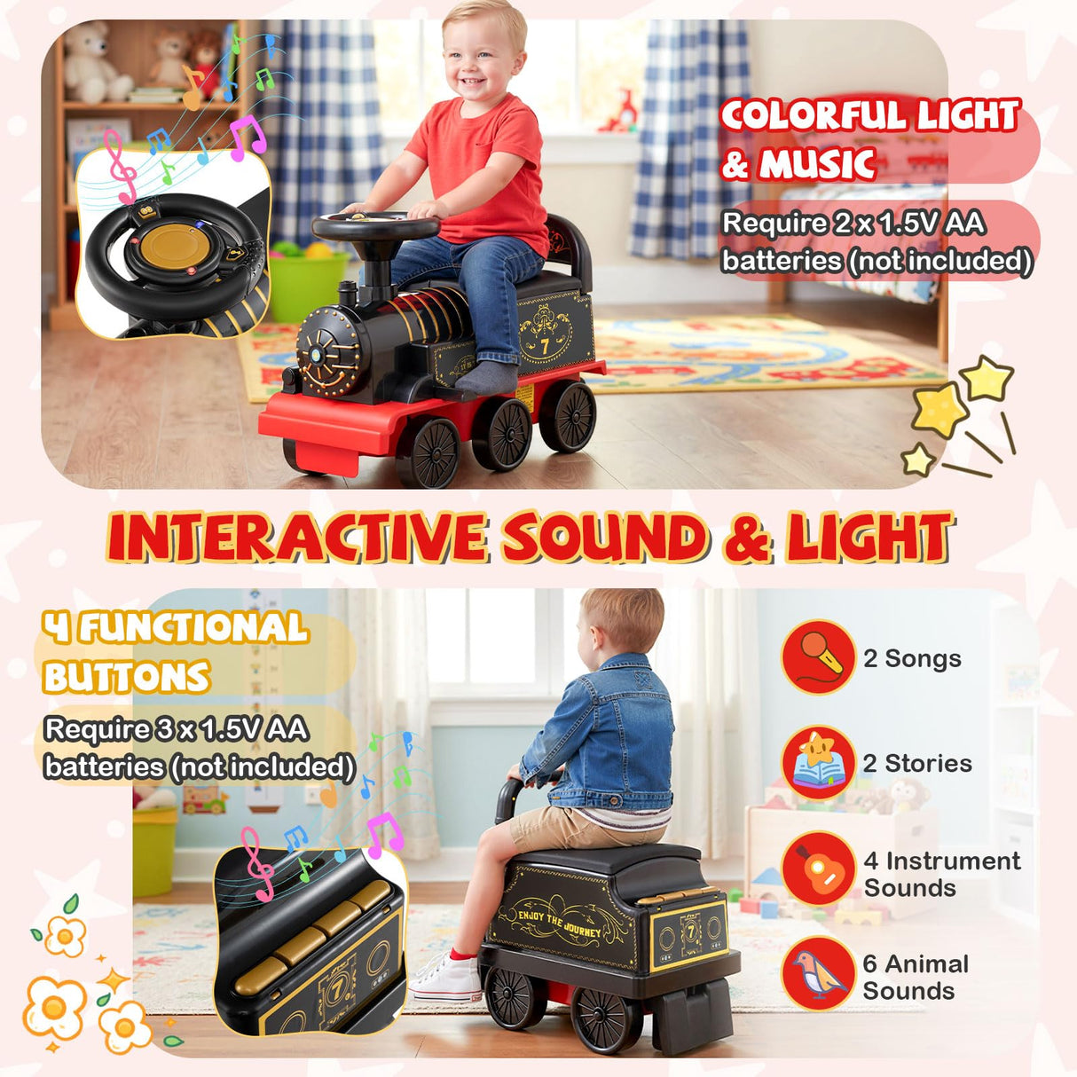 Ride on Train with Carriage, 6V 2-Seater Battery Powered Ride on Toy with Under-Seat Storage