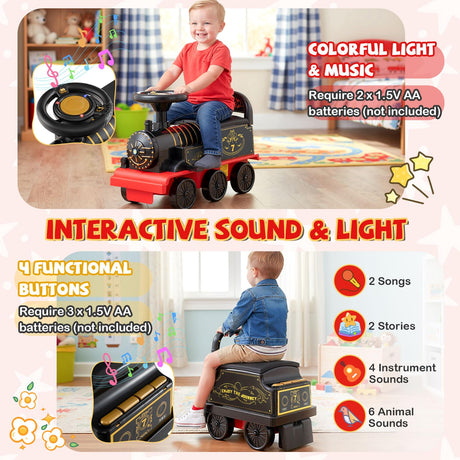 Ride on Train with Carriage, 6V 2-Seater Battery Powered Ride on Toy with Under-Seat Storage