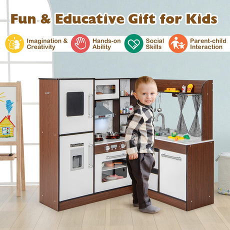 HONEY JOY Wooden Corner Play Kitchen, Toddler Kitchen Playset w/Lights & Sounds