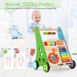 BABY JOY Wooden Baby Walker, Push and Pull Sit-to-Stand Learning Walker Activity Center(Colorful)