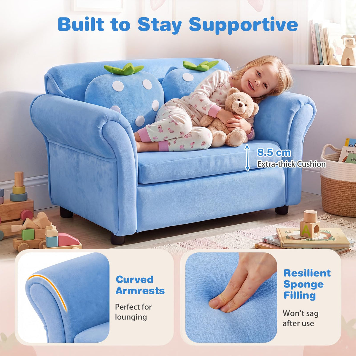 HONEY JOY Kids' Couch with 2 Strawberry Throw Pillows