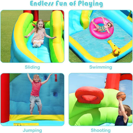 HONEY JOY Inflatable Water Slide, 6 in 1 Jumping Bounce House w/Climbing Wall, Splash Pool