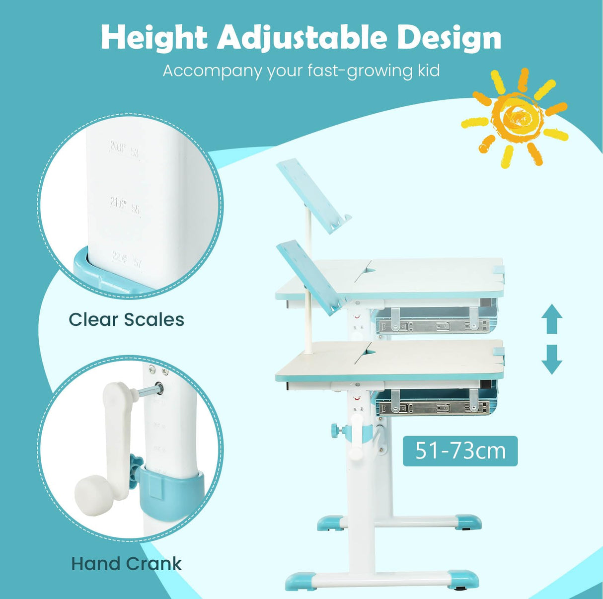 HONEY JOY Height-Adjustable Kids Desk w/Tilt Desktop & Book Stand, Storage Drawer & Scale Ruler