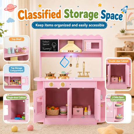 HONEY JOY Wooden Play Kitchen for Kids Toddlers w/Storage