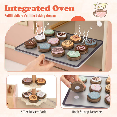 Children's toy oven with baking cookies and accessories on a light pink background