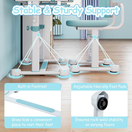 Children's exercise bike with stability features highlighted on a wooden floor.