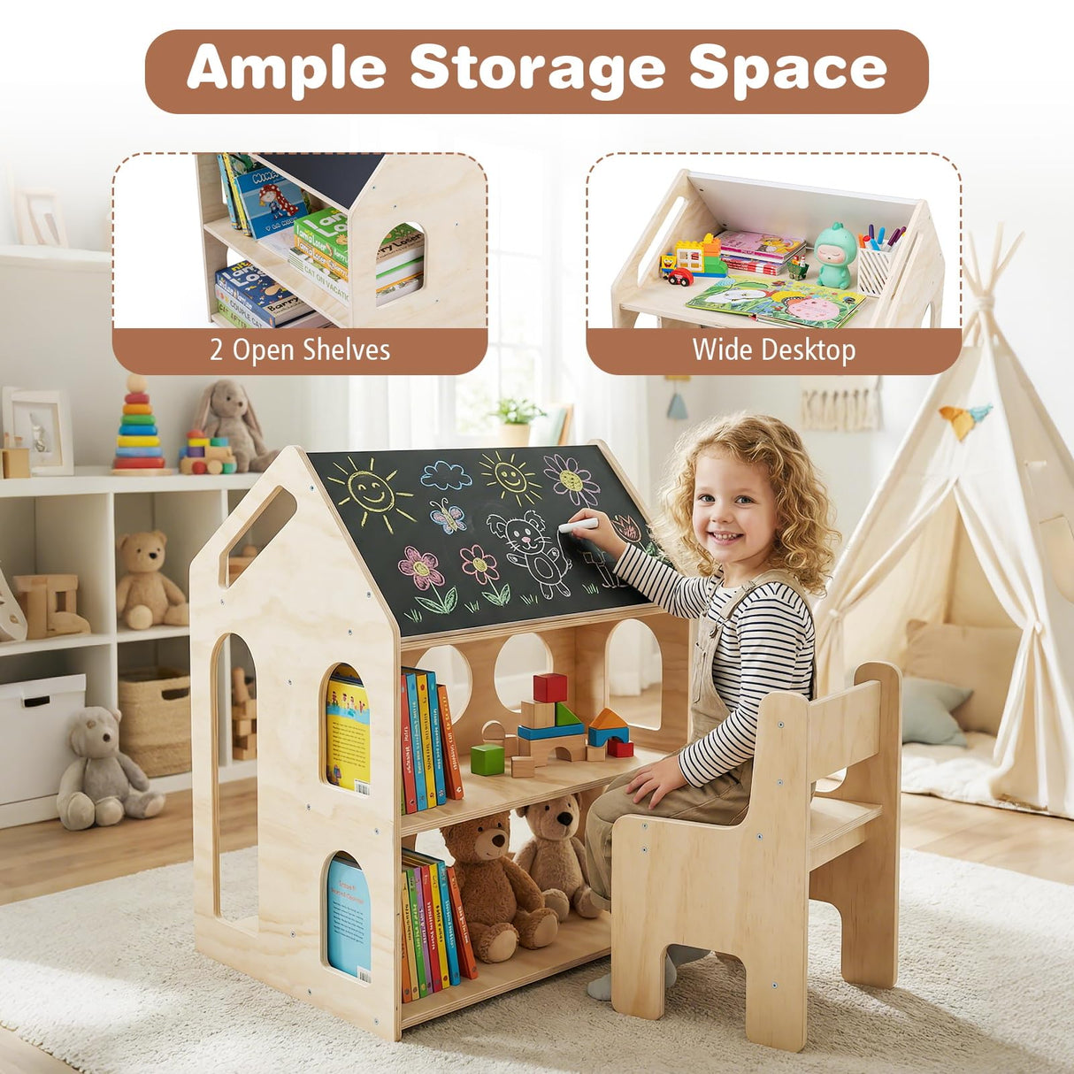 HONEY JOY House-Shaped Kids' Desk w/Chair, 3-in-1 Toddler Art Table Set