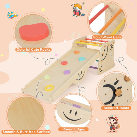 HONEY JOY Kids Wooden Climbing Toy, Triangle Climber Jungle Gym Set w/Seesaw, Dual-Sided Ramp