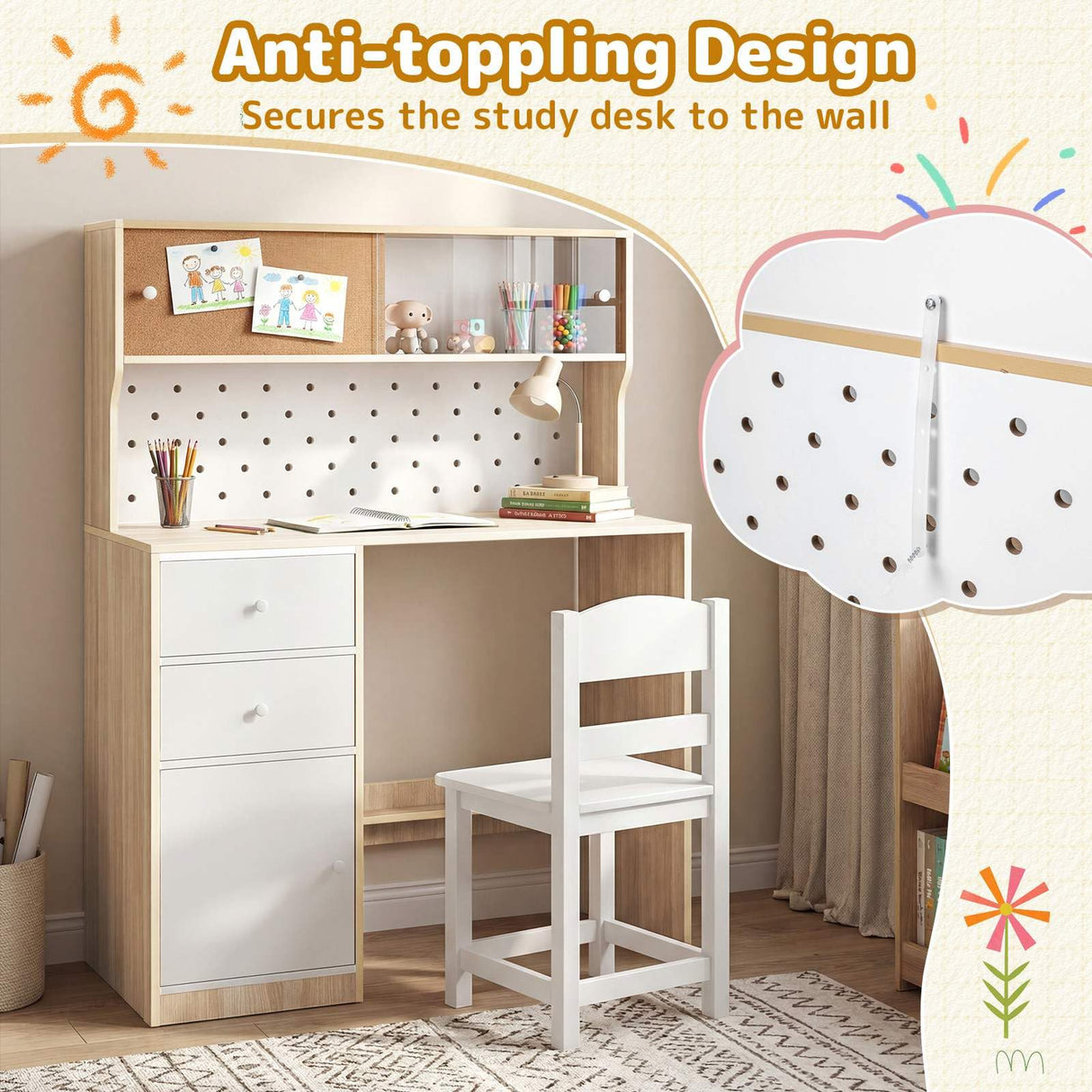 HONEY JOY Kids Desk and Chair Set w/2 Cabinets & 2 Drawers, Pegboard & Cork Bulletin Board