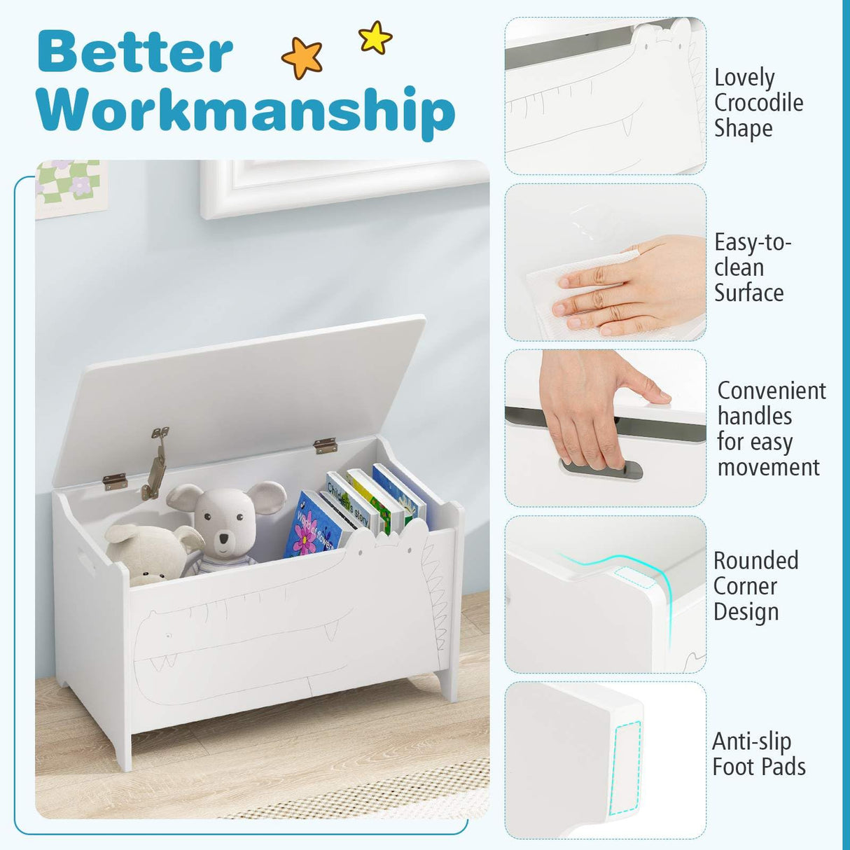 Kids Toy Box Storage Chest, Wooden Trunk Bench w/ Safety Hinge, Children Storage Box w/ Handles