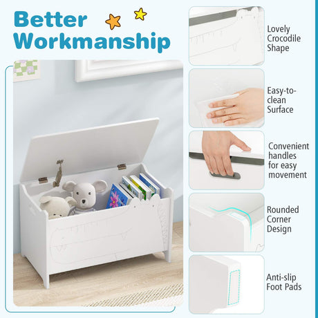 Kids Toy Box Storage Chest, Wooden Trunk Bench w/ Safety Hinge, Children Storage Box w/ Handles