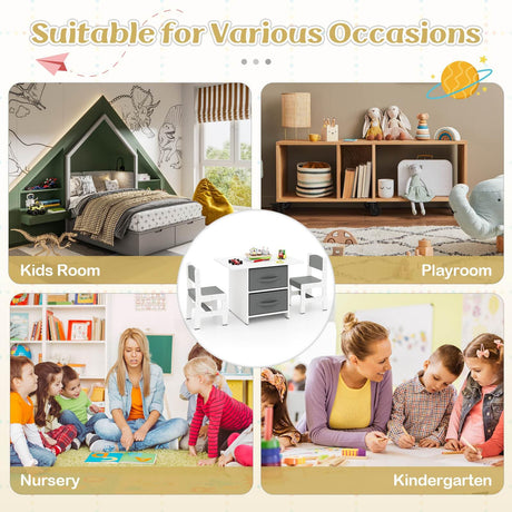 Collage of children's furniture and activities suitable for various settings including kids room, playroom, nursery, and kindergarten.