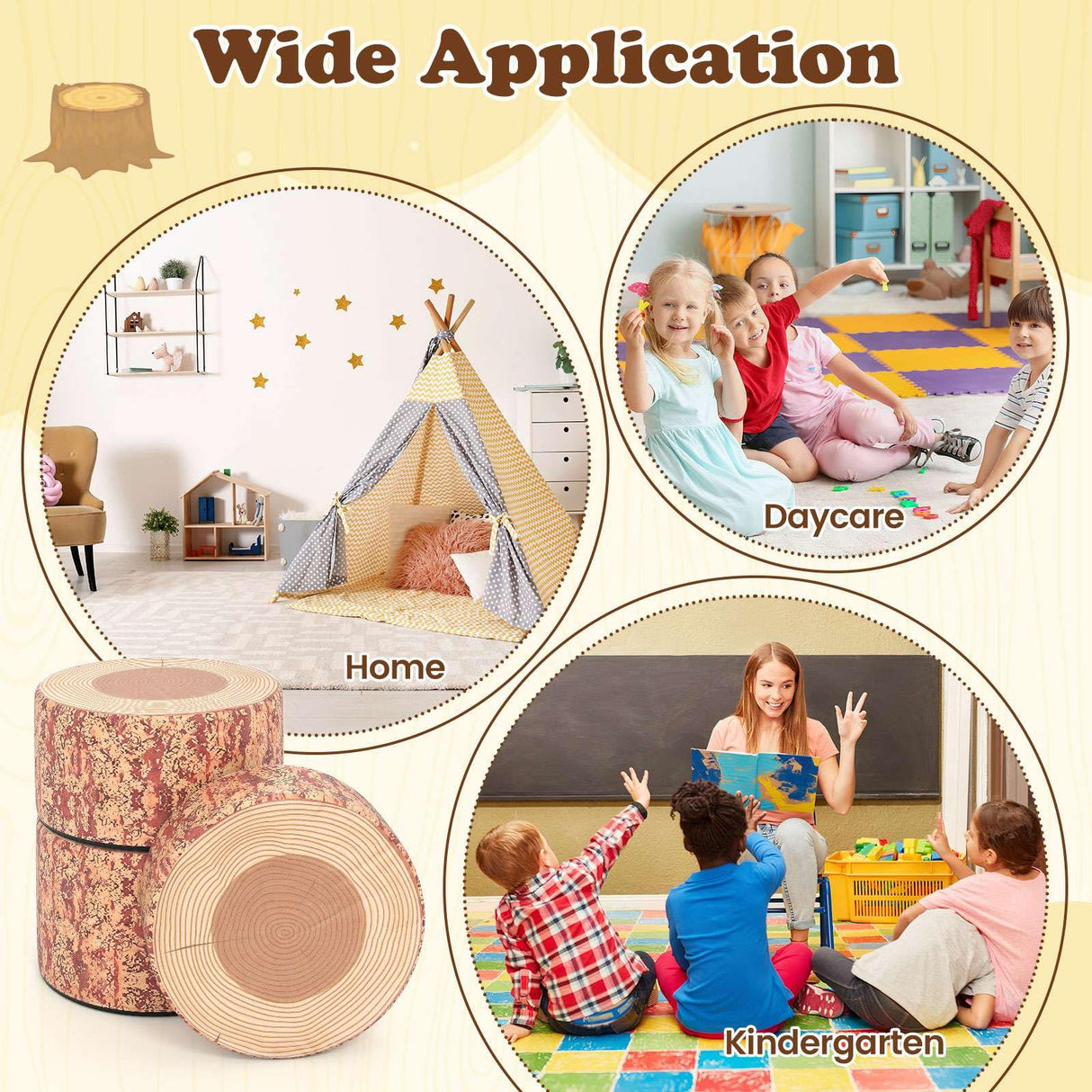 3-Piece Kids Floor Cushions with Wood Printing Nature Decoration