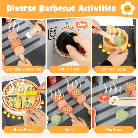 HONEY JOY Wooden Kids Barbecue Grill Playset, Kids Toy Grill with Abundant Grilling Tools