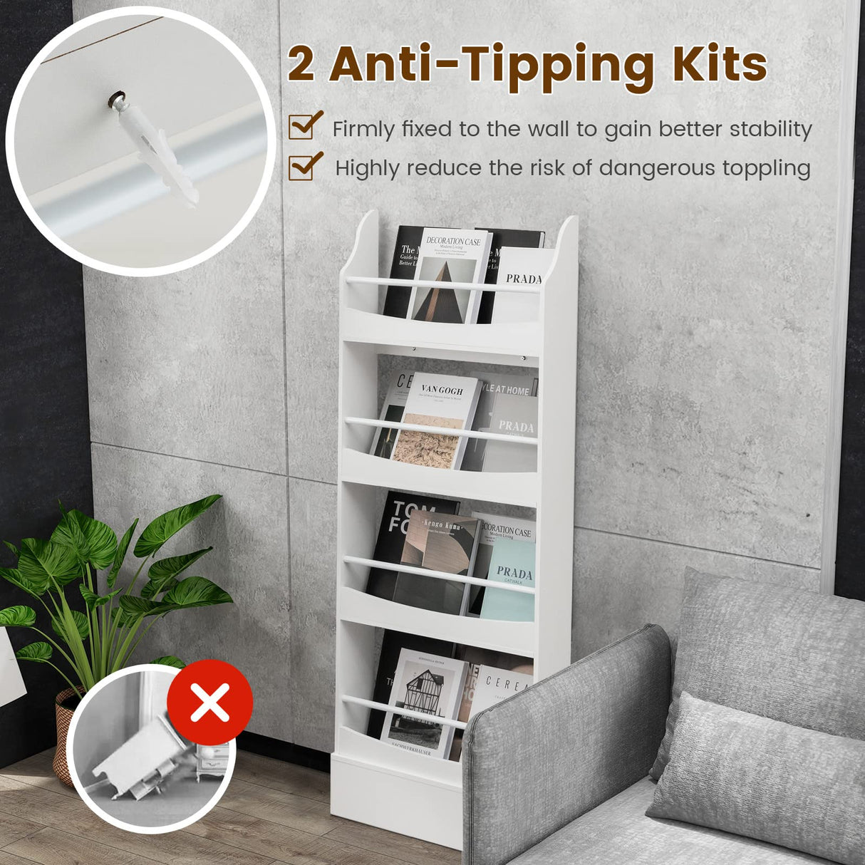 4-Tier Kids Bookcase with 2 Anti-Tipping Kits & Guardrails