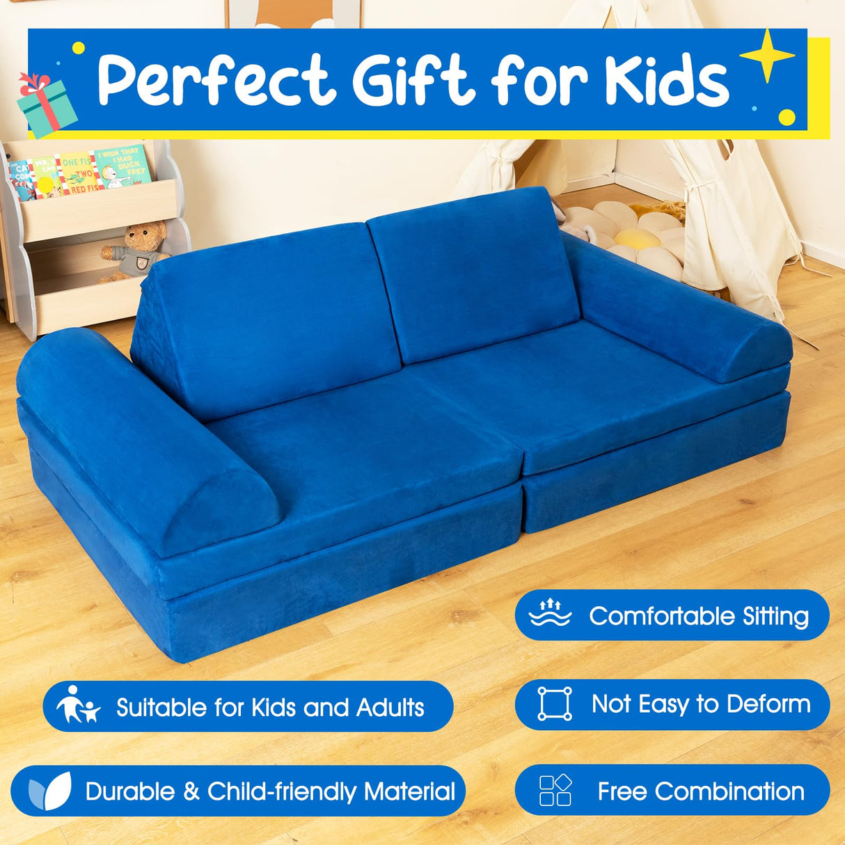 8-Piece Kids Play Couch Sofa, Modular Convertible Foam Folding Floor Sofa