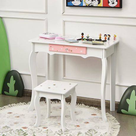 HONEY JOY Kids Pretend Play Vanity Set, 2-in-1 Wooden Princess Makeup Dressing Table w/Stool & Drawer