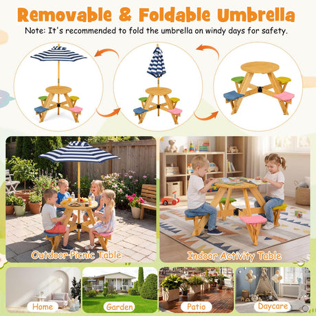 Kids Picnic Table with Stools and Foldable Adjustable Umbrella for Backyard and Patio