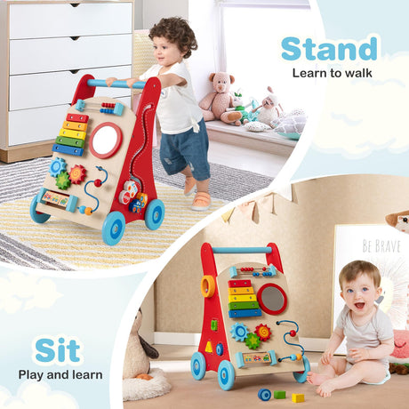 Wooden Baby Walker, Baby Push Walker with Handle, Storage & Wheels, Push and Pull Learning Activity Walker