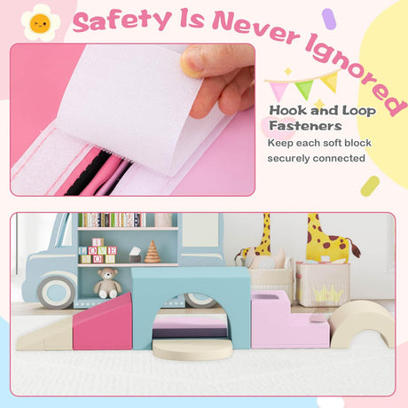 Children's toy blocks with hook and loop fasteners for safety, displayed in a playroom setting.