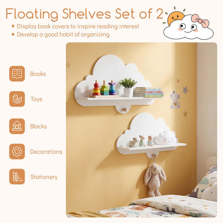 HONEY JOY 2 Pieces Floating Cloud Shelves, Wall Mounted Storage Display Rack
