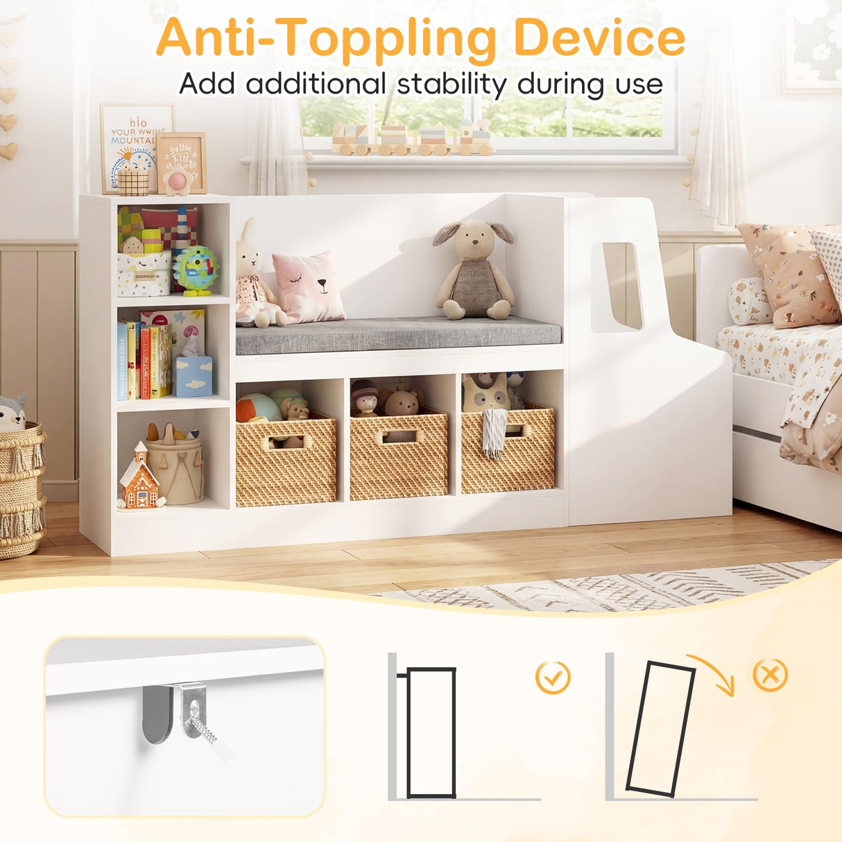 HONEY JOY Car-Shaped Kids Bookshelf with Reading Nook, Kids Bookcase