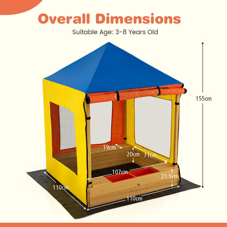 Kids Wooden Sandbox with Canopy, Outdoor Large Fir Wood Playhouse w/Bottom Liner