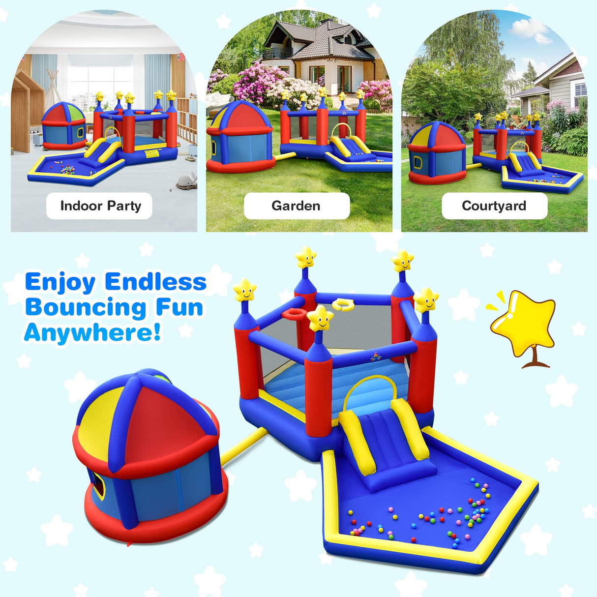 HONEY JOY Inflatable Bounce House with Playhouse, 5-in-1 Star Themed Bouncy Castle w/Double Basketball Hoops