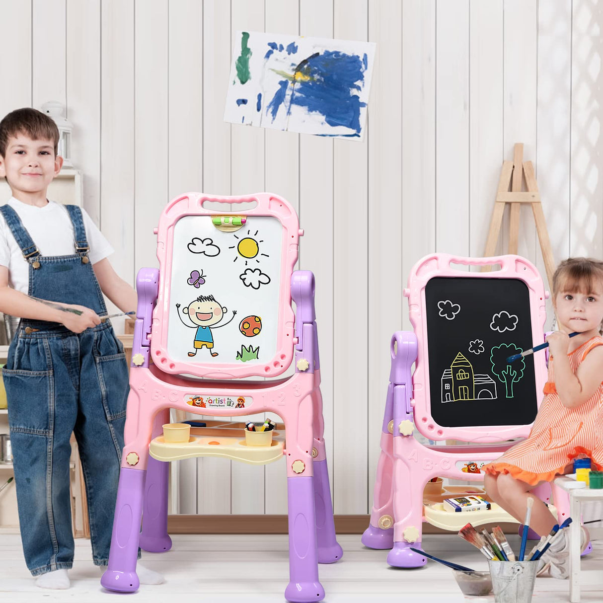 BABYJOY Art Easel for Kids, Height Adjustable 360° Rotate Double Sided Standing Art Drawing Board