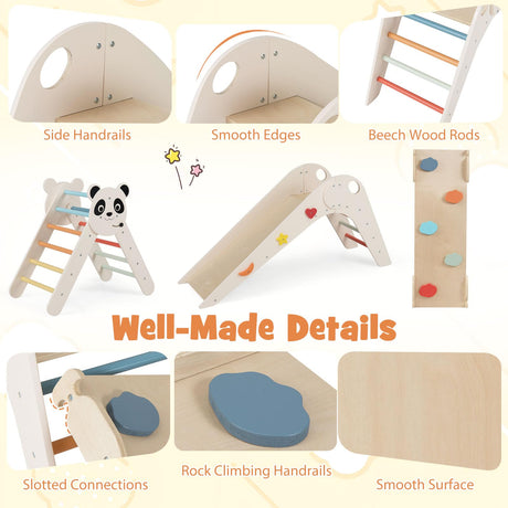 HONEY JOY Kids Triangle Climbing Set, Foldable Panda-Themed Wood Montessori Climbing Set