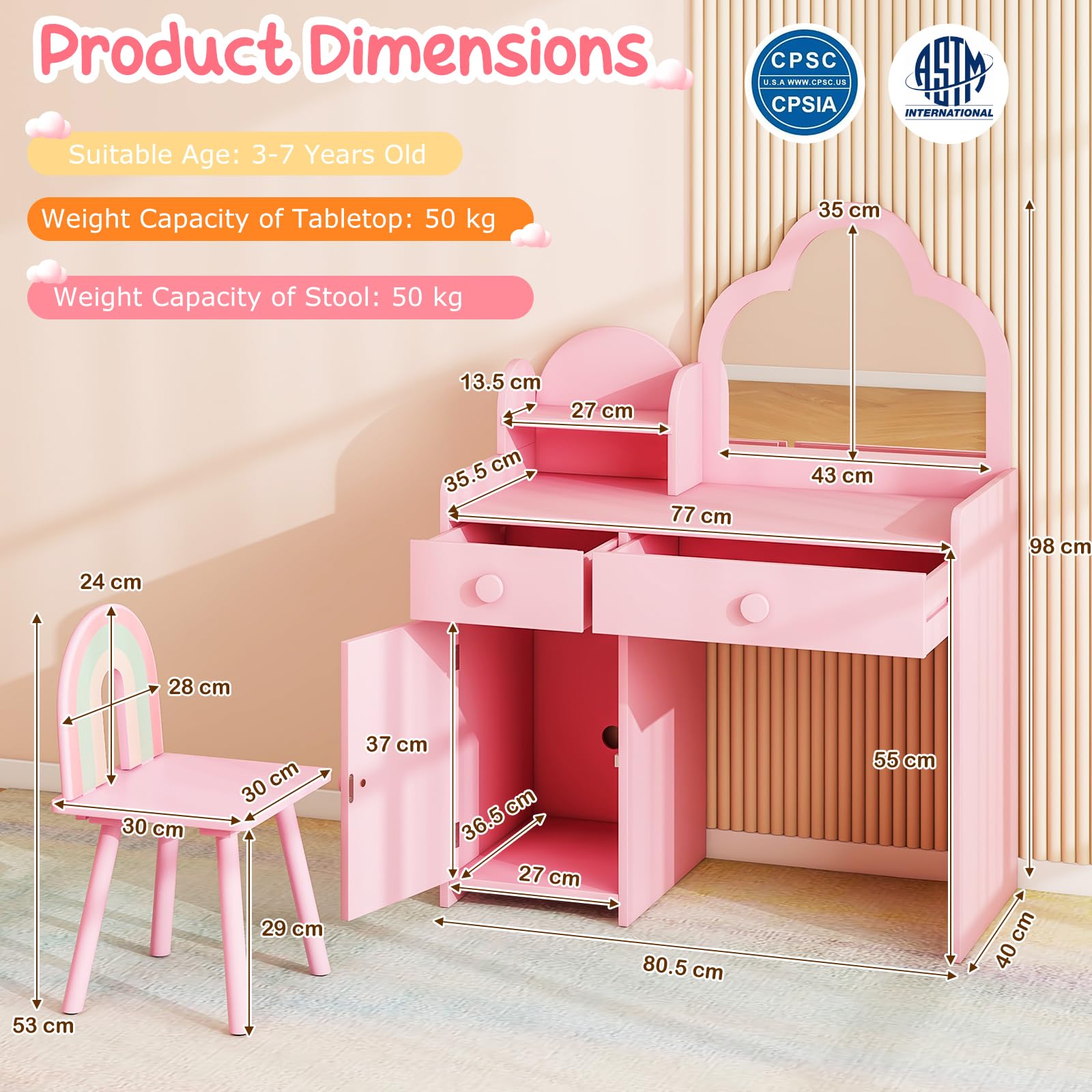 HONEY JOY 2-in-1 Kids Vanity Set w/Mirror, Princess Makeup Table w
