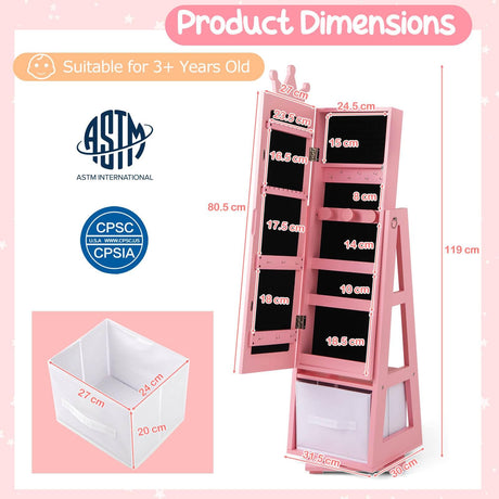 HONEY JOY 360° Swivel Kids Jewelry Cabinet, 3-in-1 Freestanding Full Length Dressing Mirror