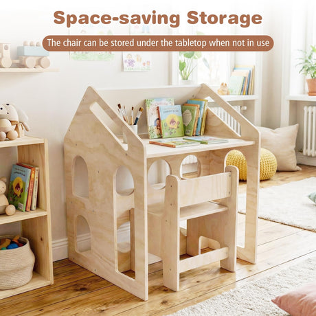 HONEY JOY House-Shaped Kids' Desk w/Chair, 3-in-1 Toddler Art Table Set