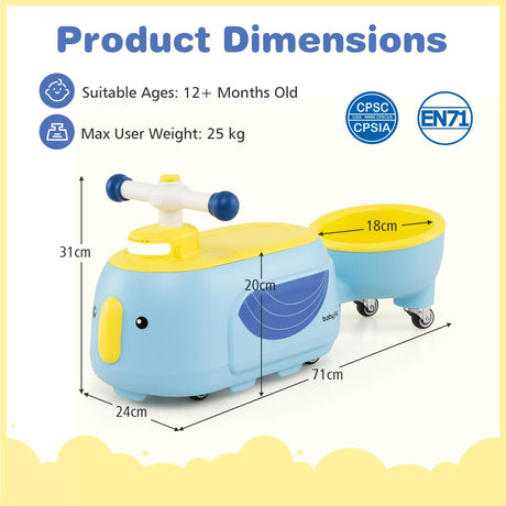 Product dimensions chart for a children's toy with safety certification logos.